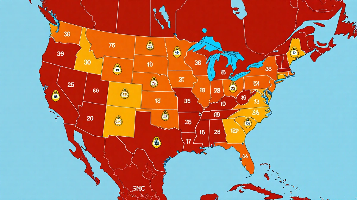 Infographic map illustrates COVID-19 spread across US with color-coded states and case icons.
