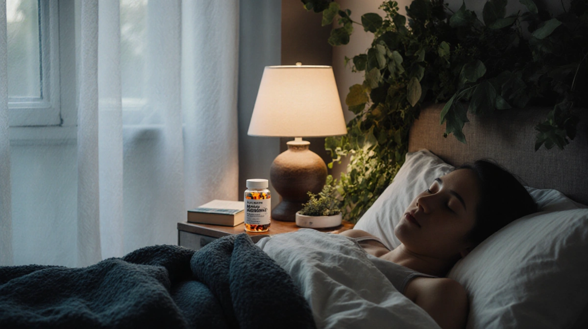 Person snuggling in bed with lush greenery and a glass bottle of melatonin gummies