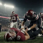 Alabama quarterback Ty Simpson lies on grass clutching his side with Rose Bowl lights hazy behind and teammates rushing