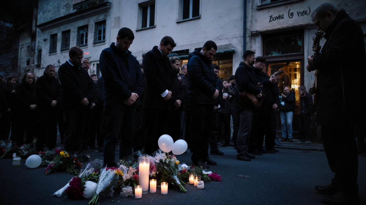 Lone guitarist strums mournfully with a silent march and a makeshift memorial in the background.