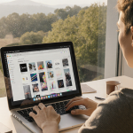 Person sits at desk with laptop open to Apple