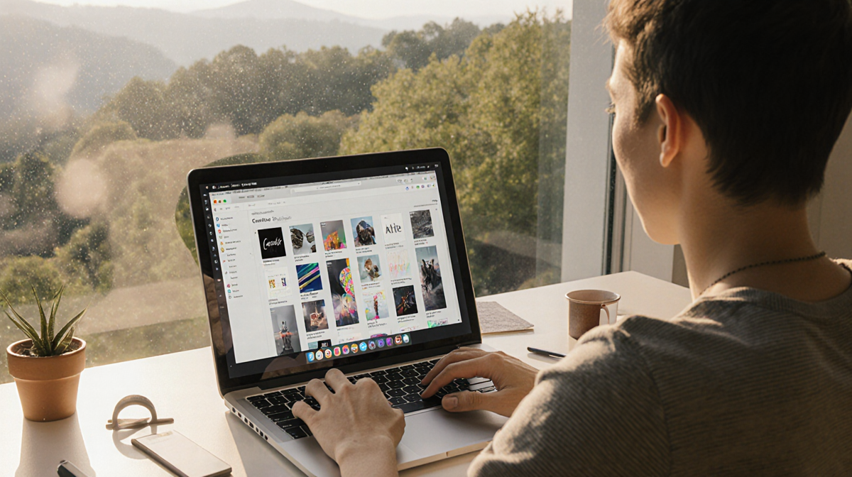Person sits at desk with laptop open to Apple