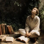 Person sits cross‑legged on stone floor with books and warm light and surrounded by lush greenery and face tilted upward