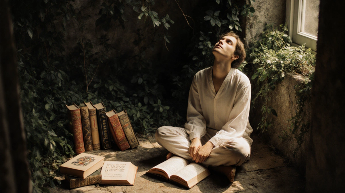 Person sits cross‑legged on stone floor with books and warm light and surrounded by lush greenery and face tilted upward