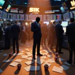 Lone investor stands in despair on crowded stock exchange floor with scattered papers and empty coffee cups showing crypto ma