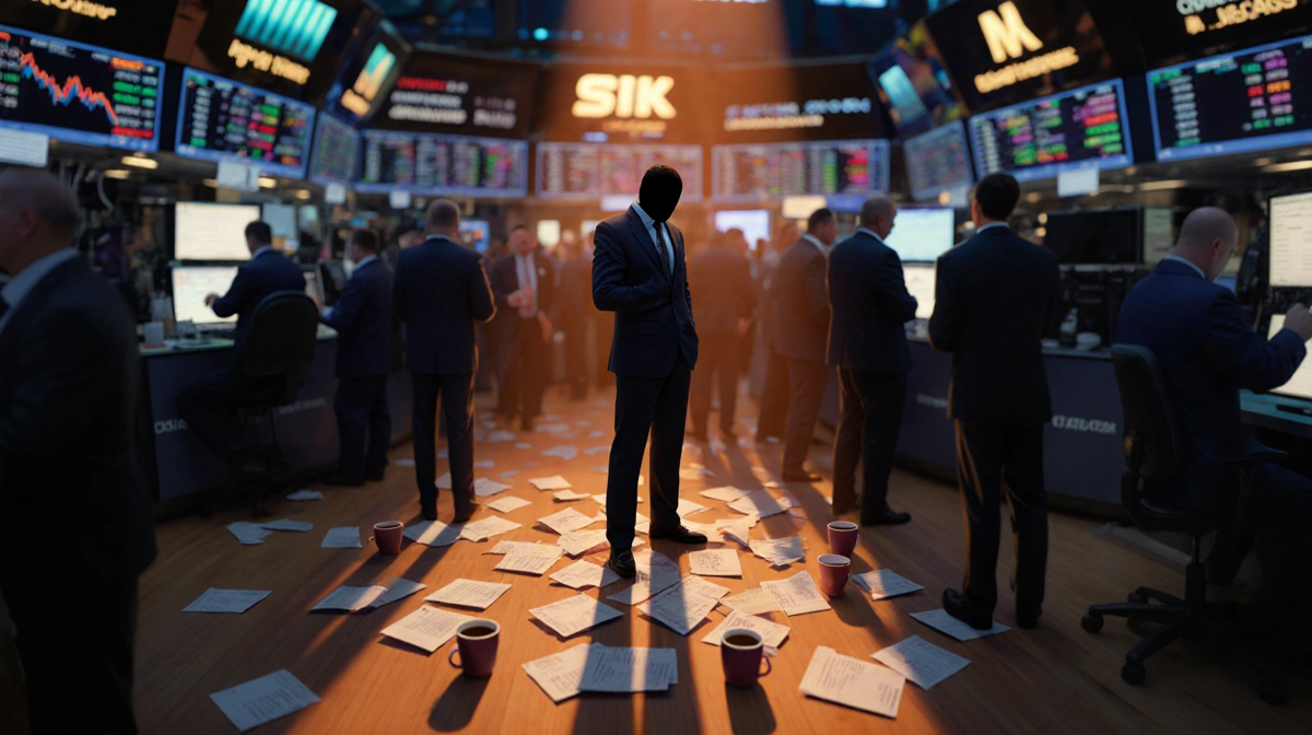 Lone investor stands in despair on crowded stock exchange floor with scattered papers and empty coffee cups showing crypto ma