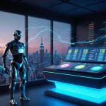 Humanoid robot stands at trading console with stock tokens on glowing screens and city skyline behind