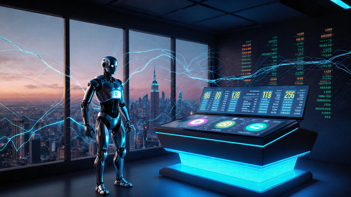 Humanoid robot stands at trading console with stock tokens on glowing screens and city skyline behind