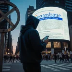 Crypto trader stands before forbidden sign with digital screen showing Coinbase news and protesters marching in city backgrou