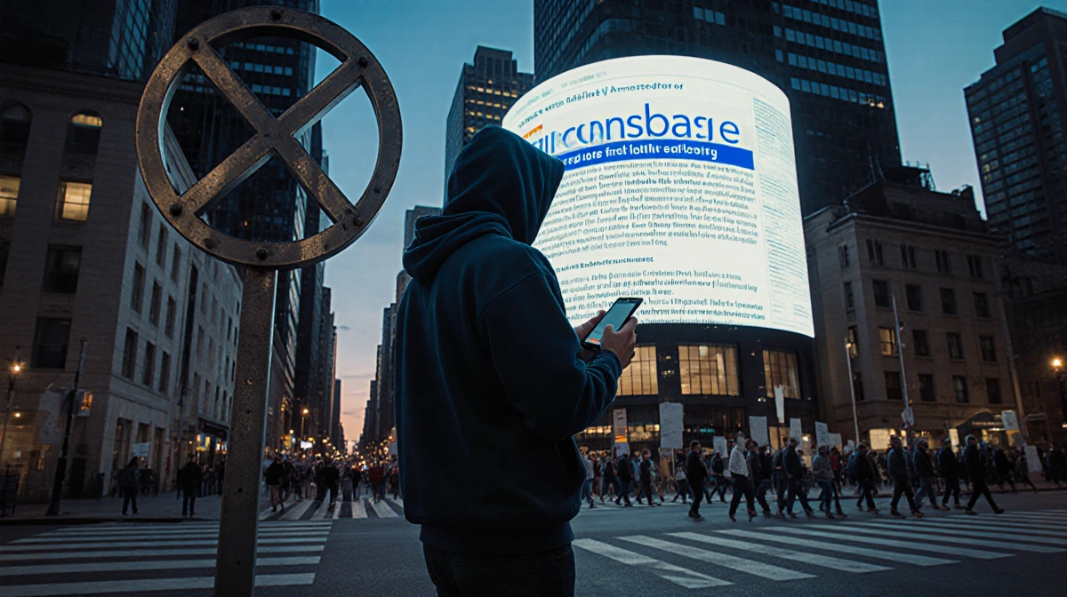 Crypto trader stands before forbidden sign with digital screen showing Coinbase news and protesters marching in city backgrou
