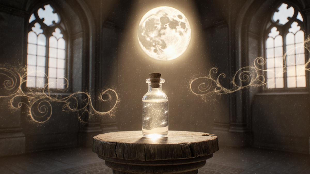 Crystal vial filled with ethereal liquid glows with a shimmering aura on a worn wooden pedestal in a moonlit room