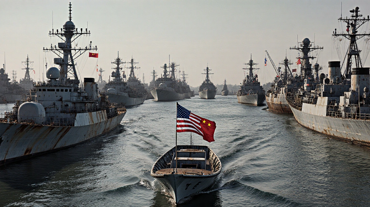 Harbor scene shows Soviet and Chinese ships with rusted and modern naval gear and a small boat flying a faded American flag
