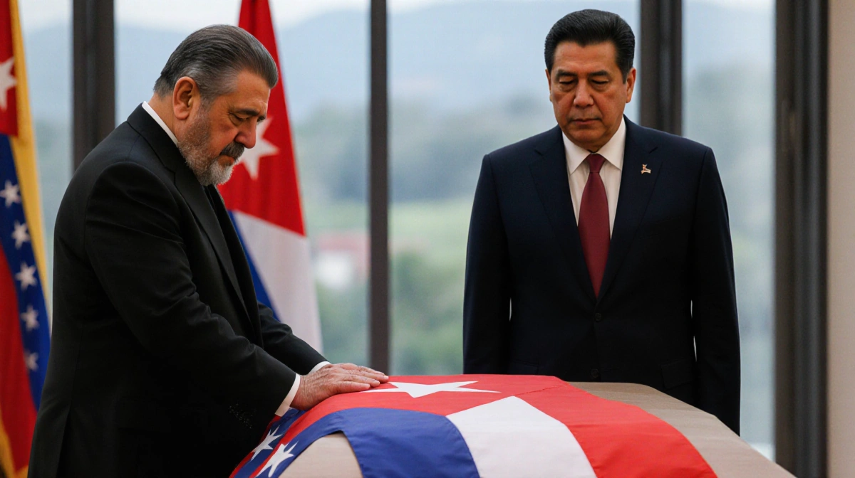 Raúl Castro and Miguel Díaz-Canel paying respects with flags draped over coffin and a blurred Cuban flag behind.