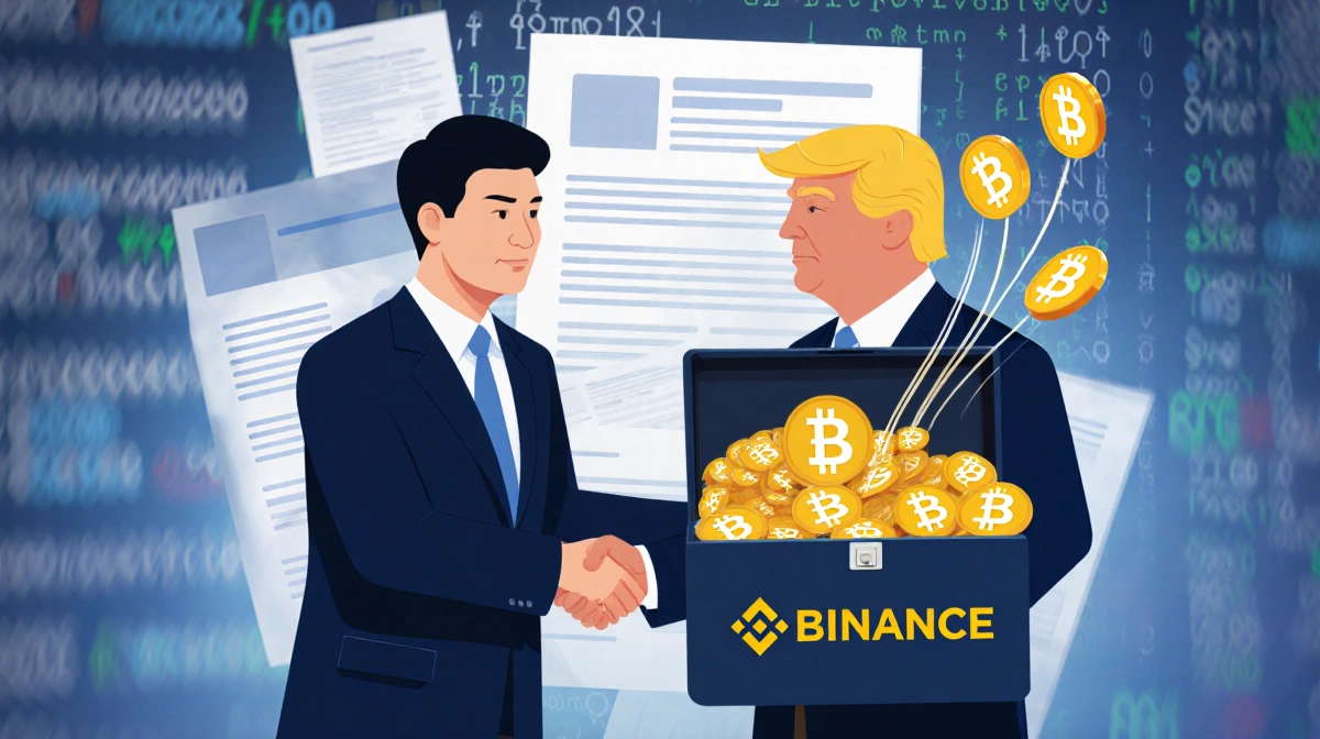 CZ Zhao shaking hands with Donald Trump while holding a briefcase with money flowing toward the Binance logo and blockchain c