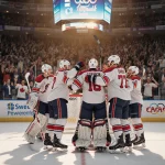 Czech junior hockey players celebrating their win at packed arena with goalies and defensemen hugging in background.