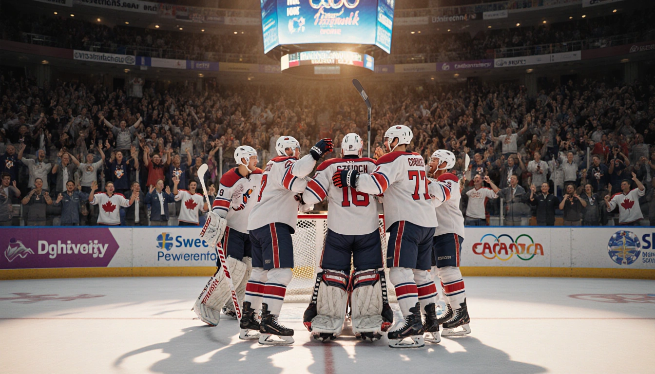 Czech junior hockey players celebrating their win at packed arena with goalies and defensemen hugging in background.