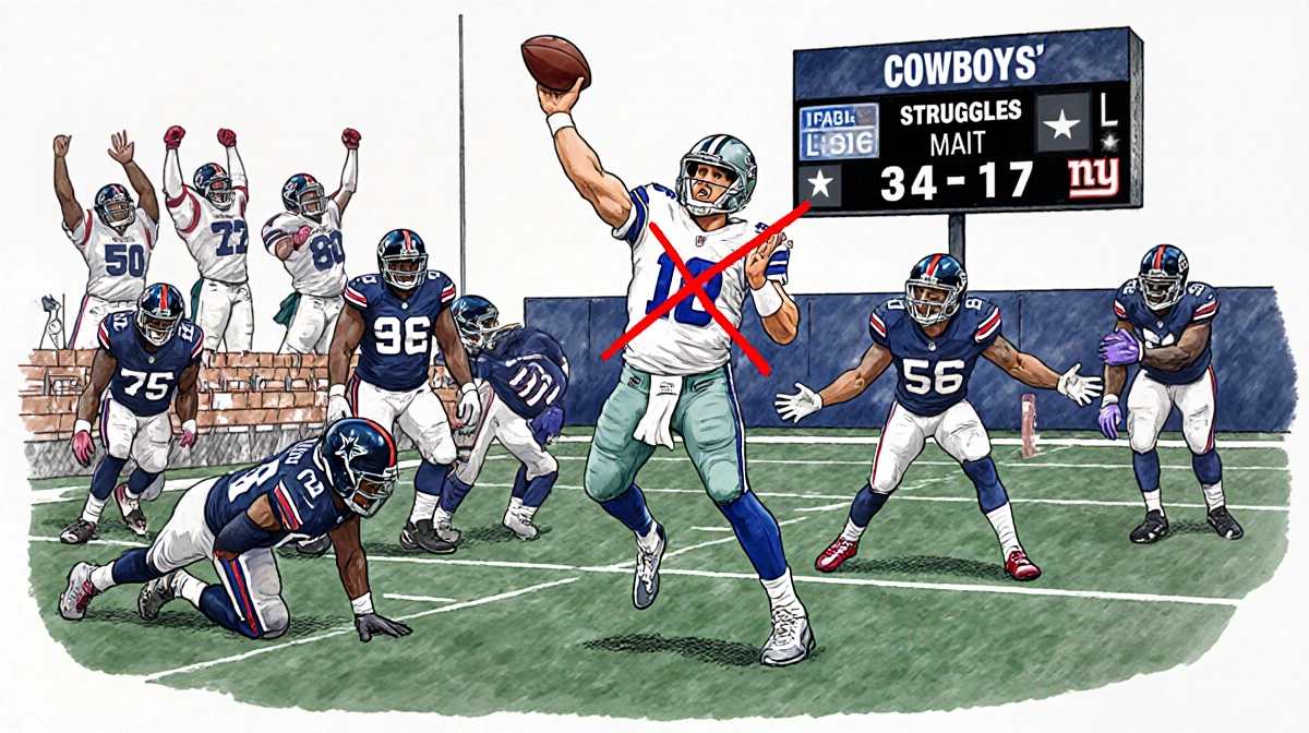 Dak Prescott throwing a pass with a red X over it and Giants bench celebrating on scoreboard 34-17.