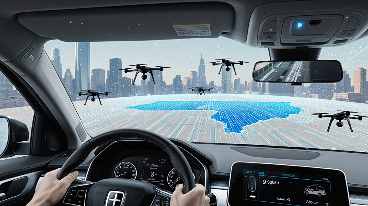 Uber driver steering vehicle with Dallas map overlay and drones flying above in a futuristic cityscape.