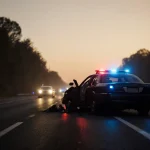 Crumpled sedan lies on its side with police lights illuminating wreckage on a dark highway at dawn.