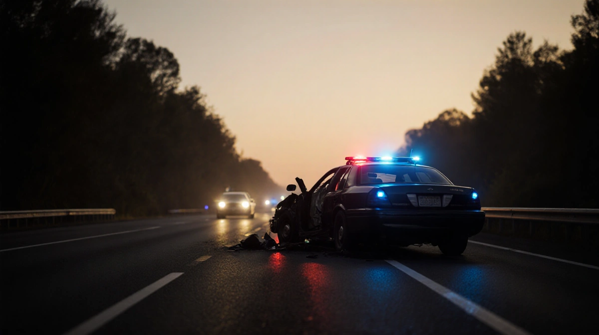 Crumpled sedan lies on its side with police lights illuminating wreckage on a dark highway at dawn.