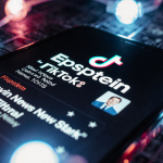 Smartphone screen showing TikTok with bold Epstein and Gavin Newsom amid flickering lights suggesting political censorship