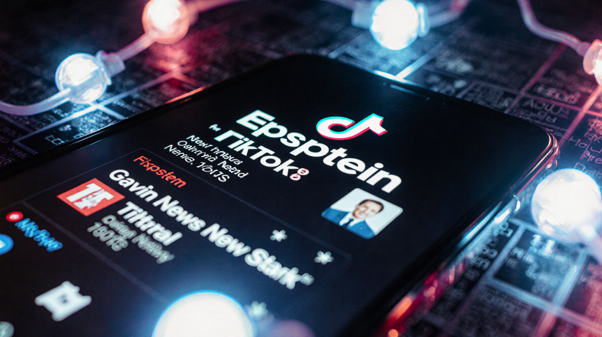 Smartphone screen showing TikTok with bold Epstein and Gavin Newsom amid flickering lights suggesting political censorship