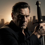 Darkman standing with sword hilt in hand and narrowed eyes under a spotlight near a dusk cityscape silhouette