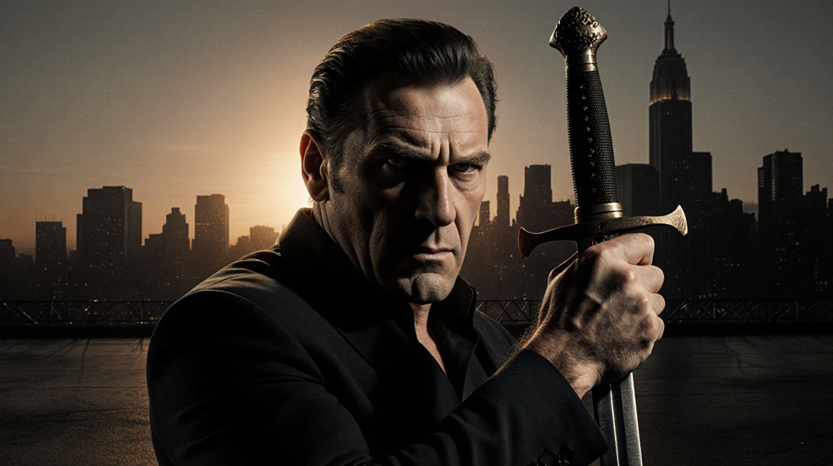 Darkman standing with sword hilt in hand and narrowed eyes under a spotlight near a dusk cityscape silhouette