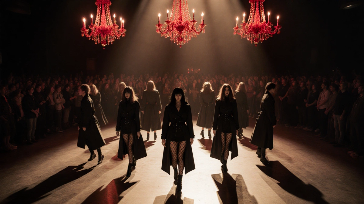 Dancers in fishnets and trench coats perform beneath red chandeliers with warm glow highlighting their darkwave style