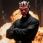Darth Maul standing with arms crossed and glowing red mask with fiery explosion behind him.