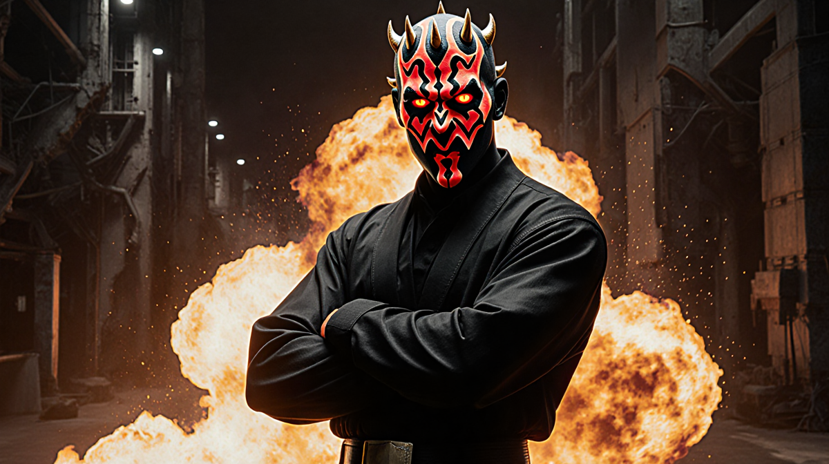 Darth Maul standing with arms crossed and glowing red mask with fiery explosion behind him.