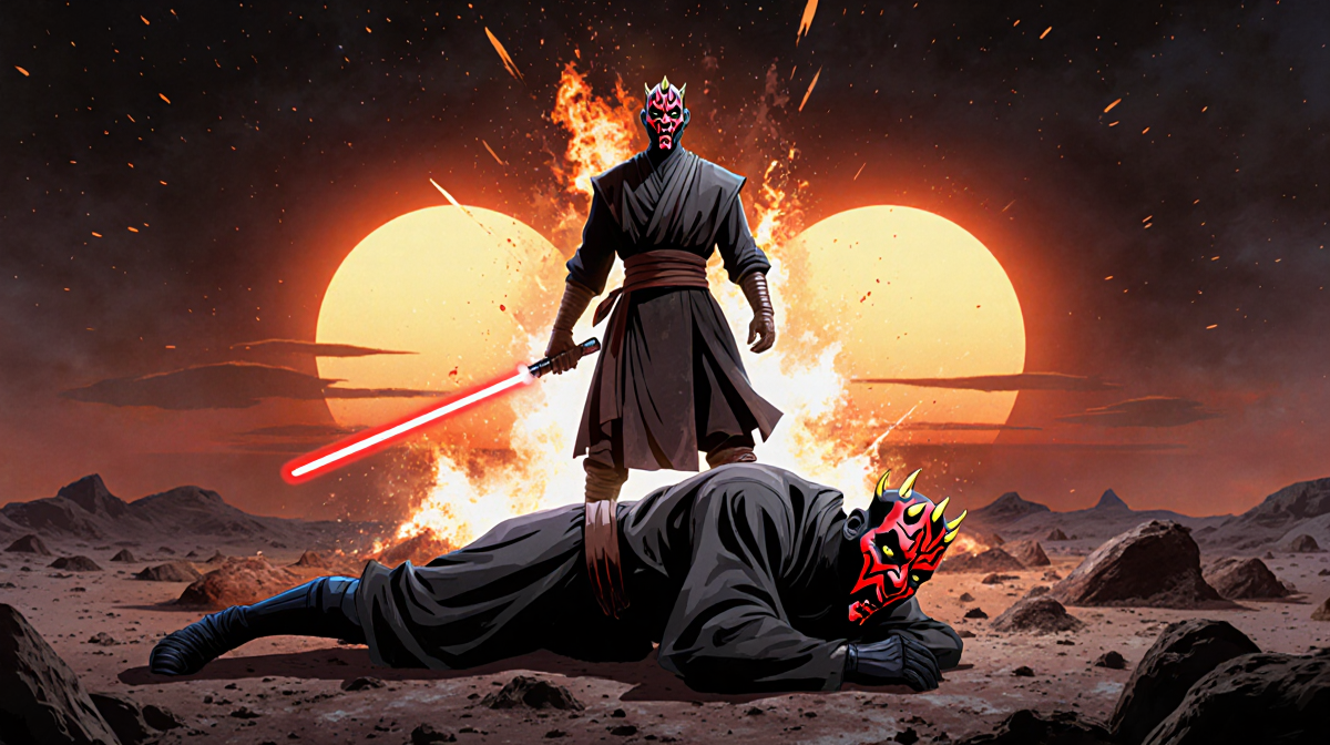 Darth Maul collapsing on gritty planet surface with Obi-Wan Kenobi standing over him and twin suns setting in orange glow.