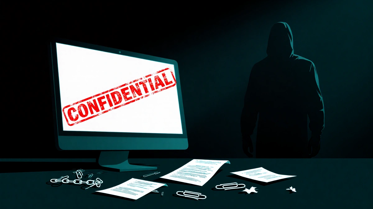 Computer screen shows a faint red CONFIDENTIAL stamp with torn papers and broken chains while a shadowy figure looms.