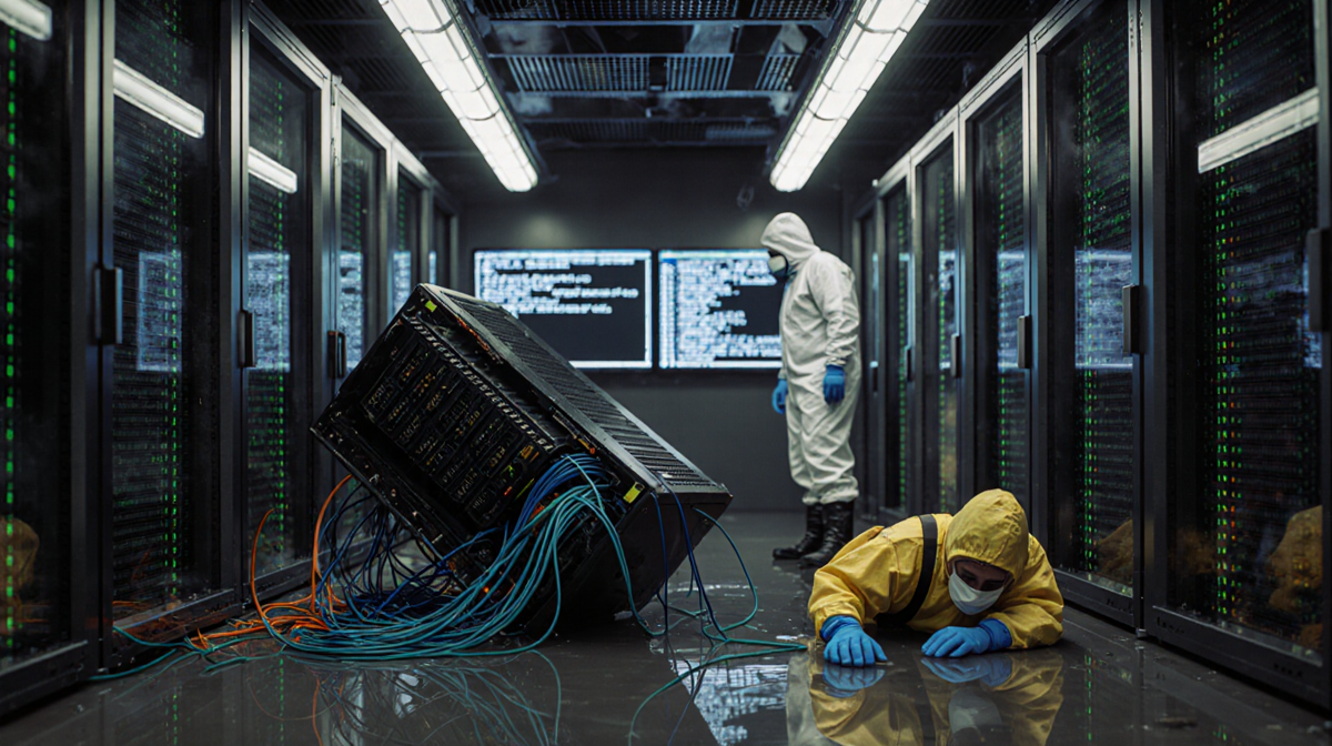 Technician inspecting fallen server rack with cables spilling and flickering lights showing emergency in data center