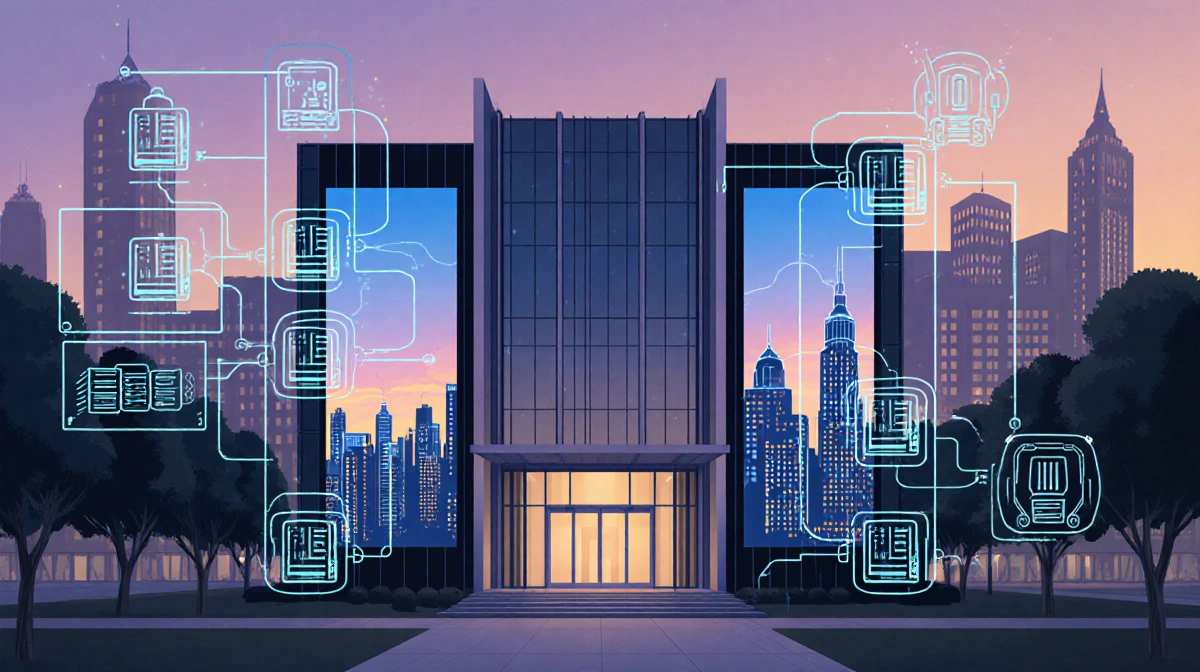 Datacenter building lighting LED screens with cityscape at dusk and an infrastructure diagram overlaid on its glass facade