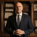 David Hoffmann stands confidently with hands clasped near a bookshelf of books as a billionaire investor CEO and leadership.