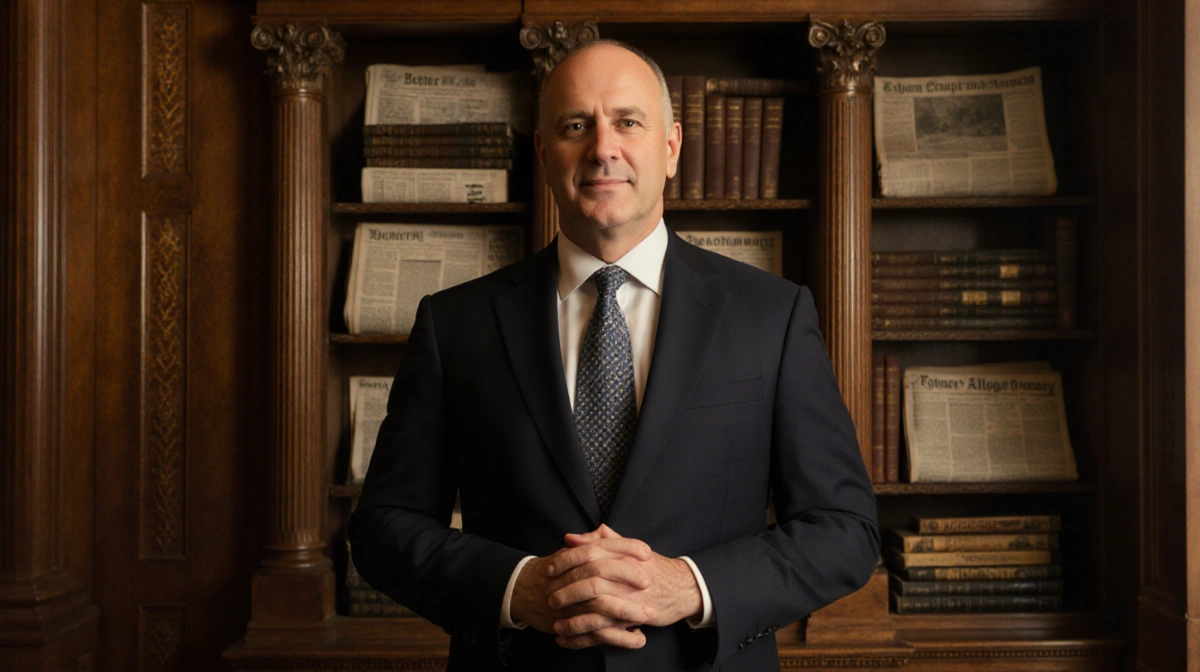 David Hoffmann stands confidently with hands clasped near a bookshelf of books as a billionaire investor CEO and leadership.