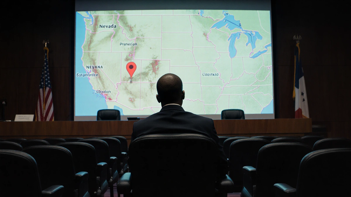 Davis looking directly at the judge with a judge's bench and a screen showing Nevada map pinning Las Vegas