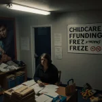 Childcare provider sitting at desk with verification near poster of Funding Freeze and toys