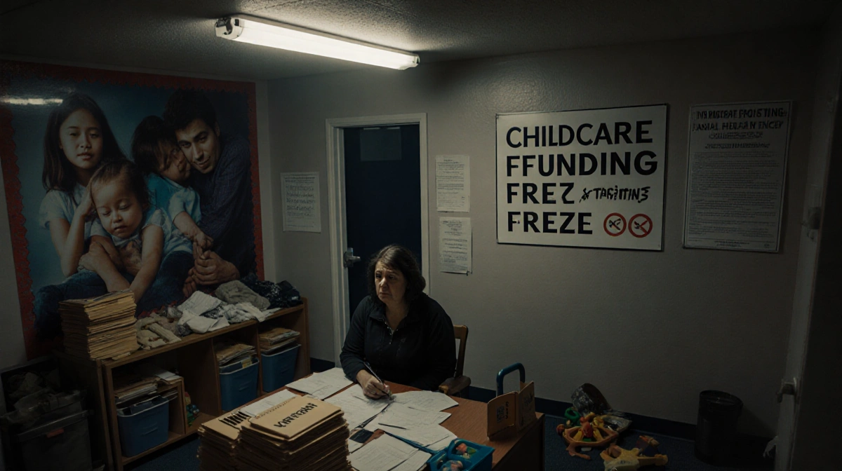 Childcare provider sitting at desk with verification near poster of Funding Freeze and toys