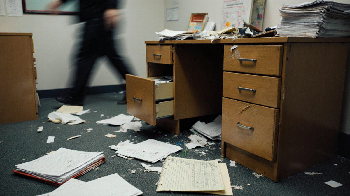 Overturned desk spills papers and checkbooks with chaotic break-in vibe in disheveled daycare office