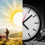 Split-screen clock shows outdoor scene beside cold indoor scene with people and kids showing daylight saving vs standard time