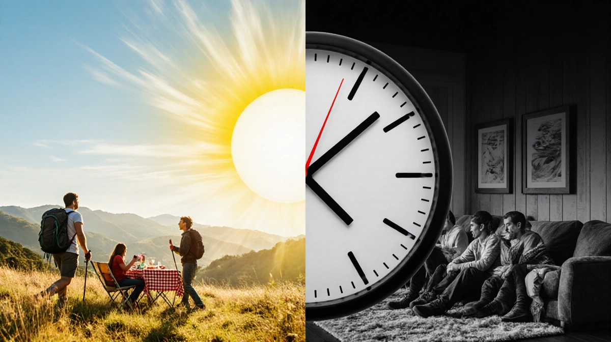 Split-screen clock shows outdoor scene beside cold indoor scene with people and kids showing daylight saving vs standard time