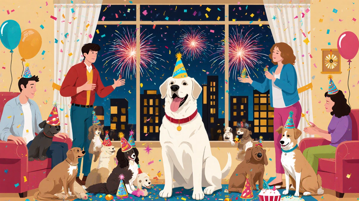 Deacon the lab runs excitedly with Matt and Louise juggling party hats as New Year's Eve fireworks explode outside.