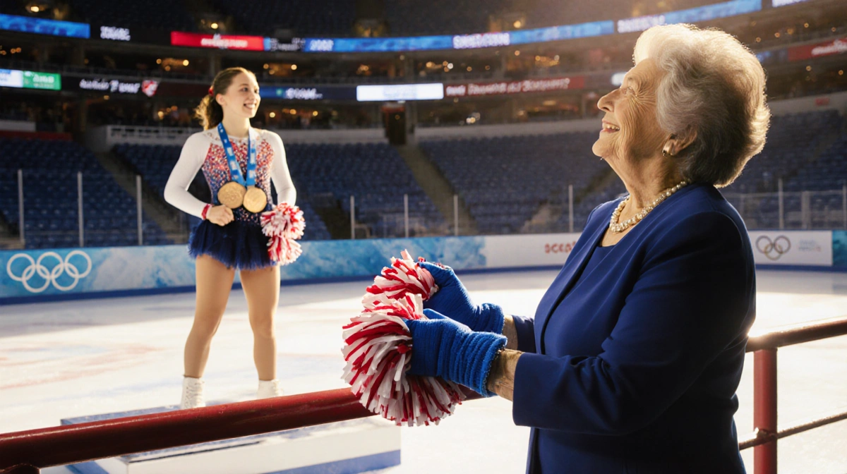 Debbie Bowe holds blue gloves with pom-poms while Brittany Bowe stands on Olympic podium under golden light in arena rink.
