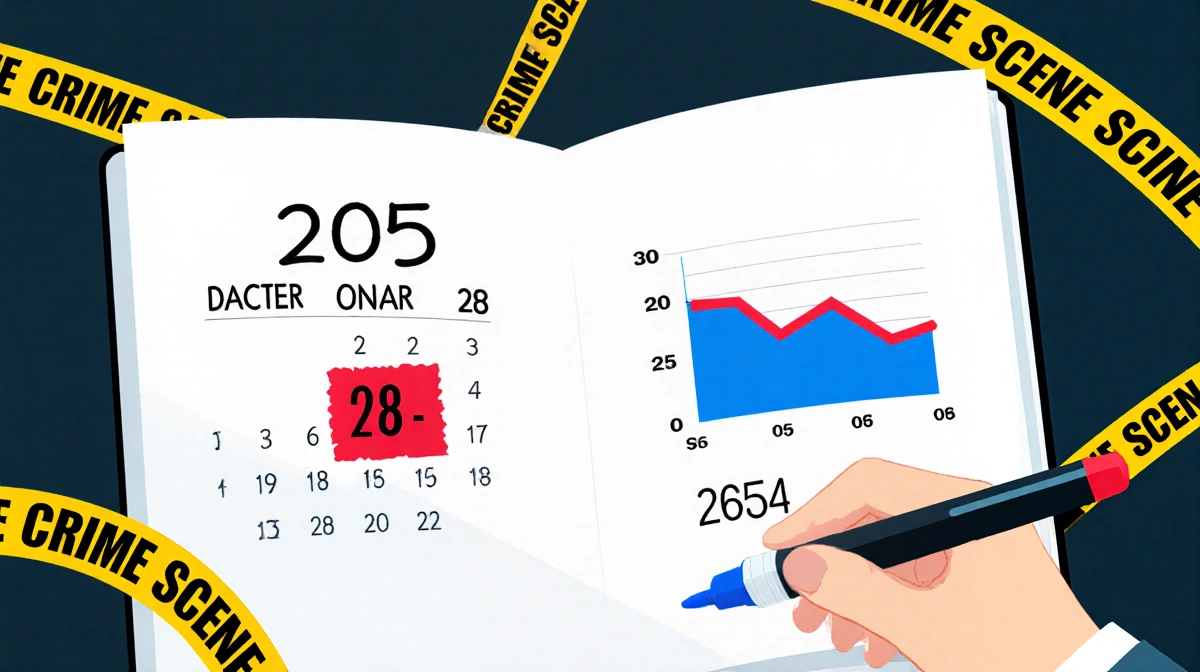 Calendar marking December 28 with a red highlight and a downward homicide trend graph showing 55 in blue with tape edges