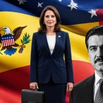 Delcy Rodríguez stands confidently holding a briefcase with a grand Venezuelan flag and a subtle American eagle emblem