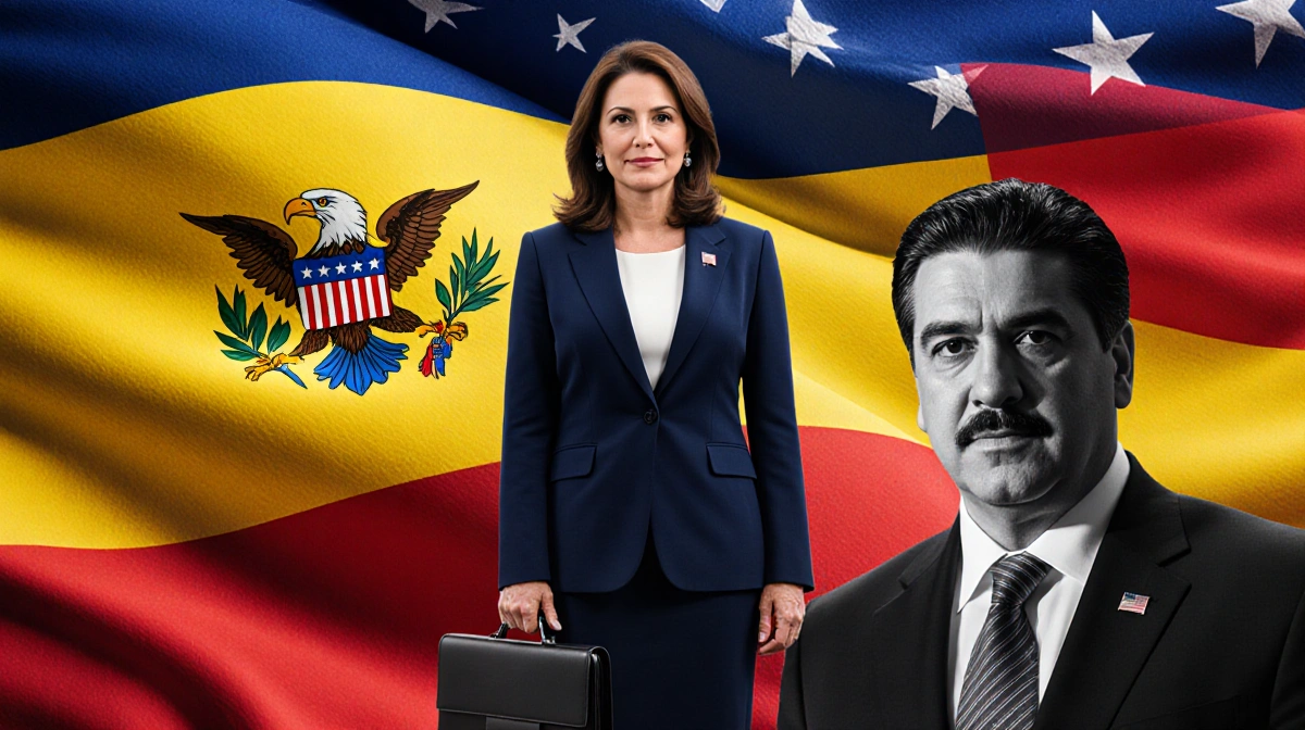 Delcy Rodríguez stands confidently holding a briefcase with a grand Venezuelan flag and a subtle American eagle emblem