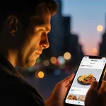 DoorDash driver holding smartphone with worried face near partially opened door in dusk cityscape