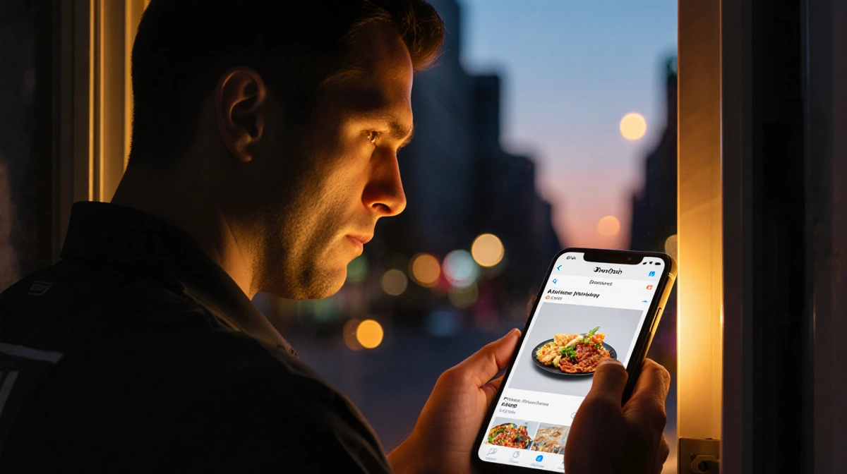 DoorDash driver holding smartphone with worried face near partially opened door in dusk cityscape